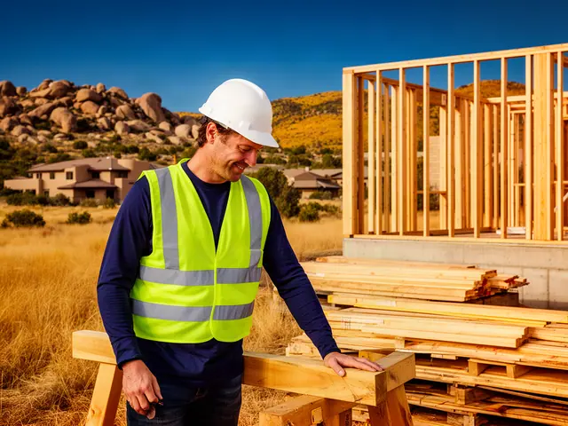 A builder in a hard hat and safety vest on a home construction site.