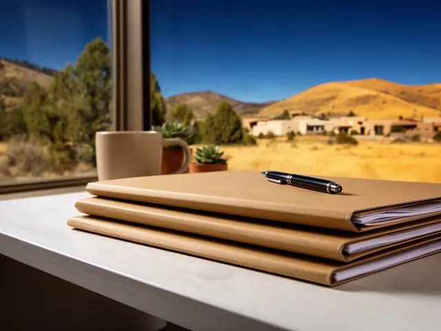 A neat stack of closed manila folders and a pen on a desk by a window.
