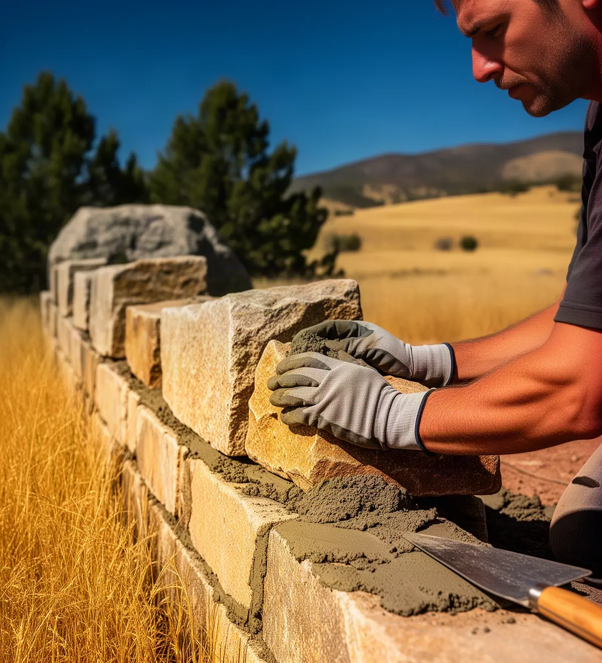 Close view of a mason in work gloves pressing a tan stone into fresh mortar on a low garden wall.