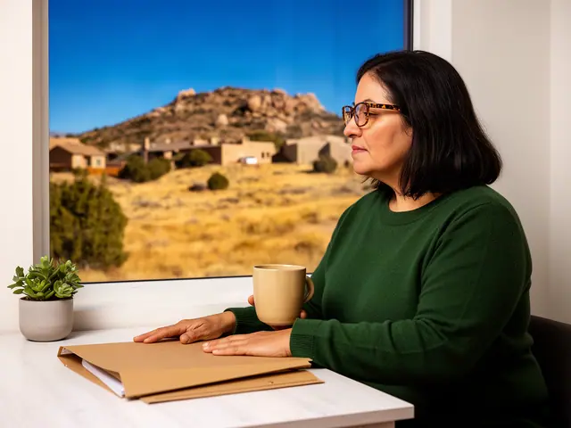 A woman with shoulder-length dark hair and tortoiseshell glasses at a desk with a folder and a mug in a small back office.