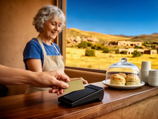 A customer taps a card on a counter terminal at a small cafe.