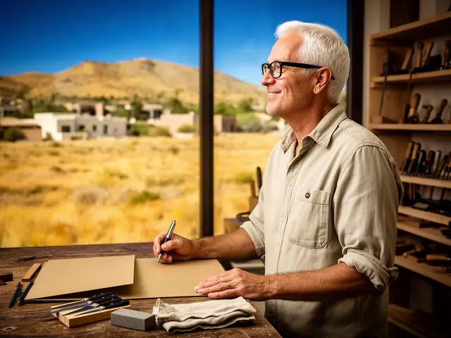 A man with short white hair and black-framed glasses at a work table with a closed folder in a small knife-and-tool sharpening shop.